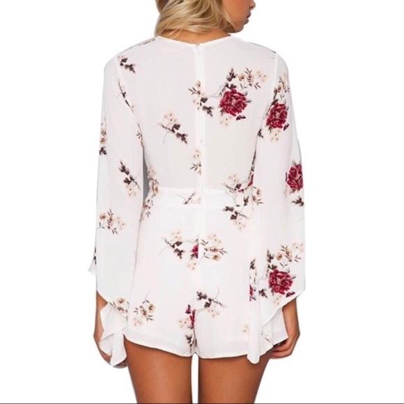 Deep V Bell Sleeve Rose Floral Romper - Picture 2 of 7